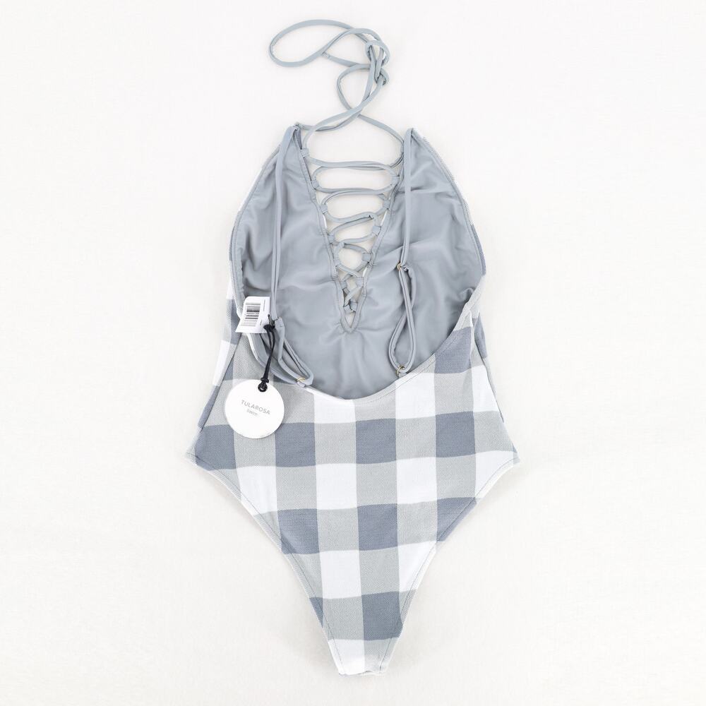 Tularosa Women French Gray Plaid Knit Tawney Halter One Piece Swimsuit Size S - Picture 4 of 8